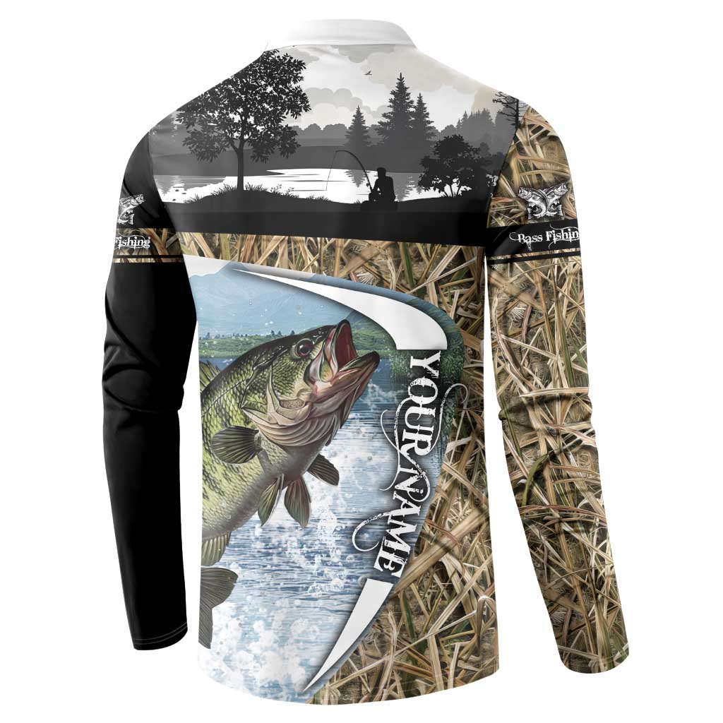 Personalized Largemouth Bass Fishing Button Sweatshirt with Camo Reeds - Outdoor Angler Design - Wonder Print Shop