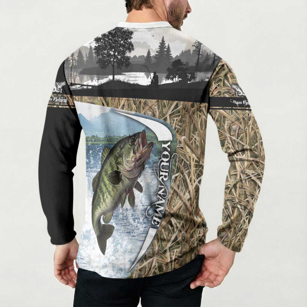 Personalized Largemouth Bass Fishing Button Sweatshirt with Camo Reeds - Outdoor Angler Design - Wonder Print Shop