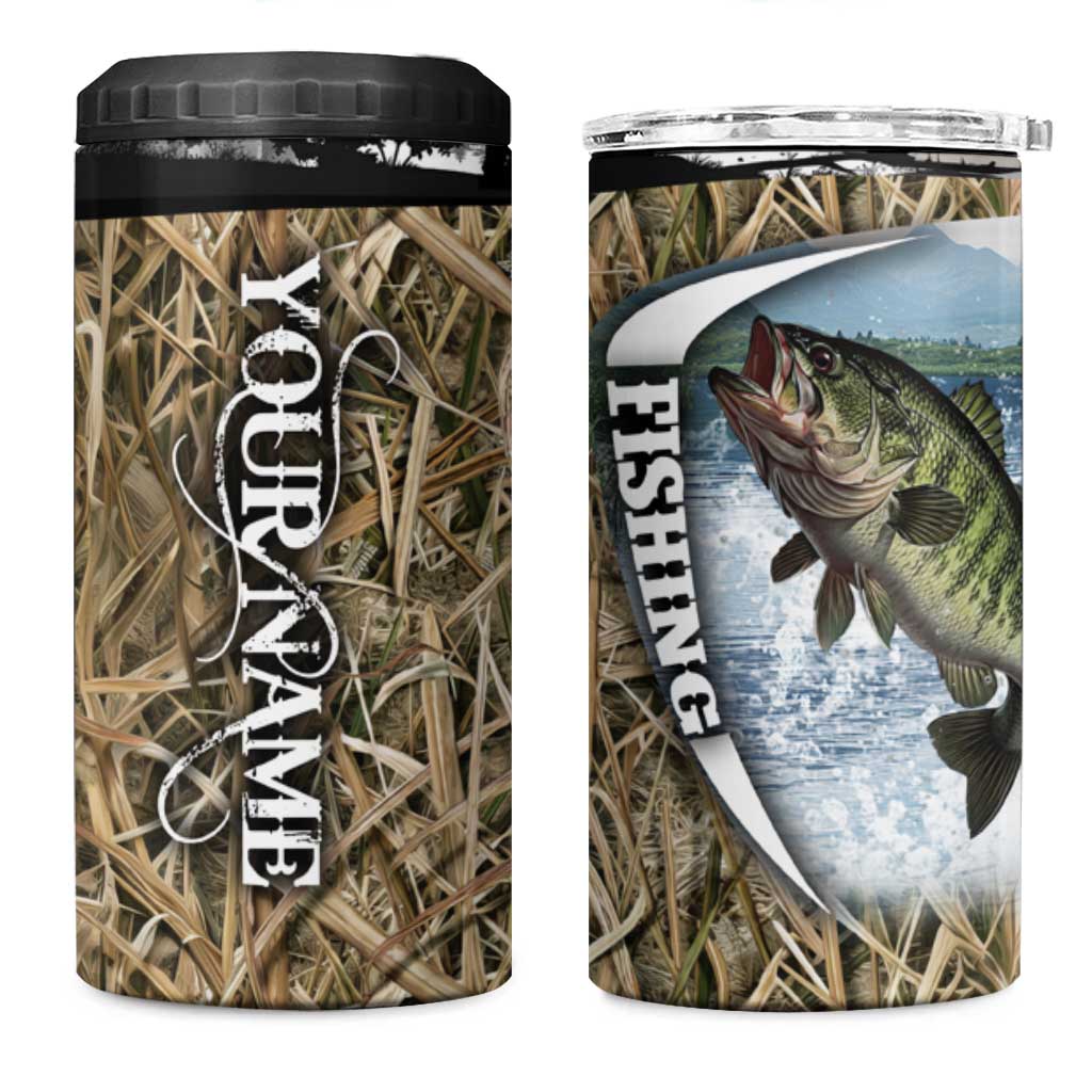 Personalized Largemouth Bass Fishing 4 in 1 Can Cooler Tumbler with Camo Reeds - Outdoor Angler Design - Wonder Print Shop