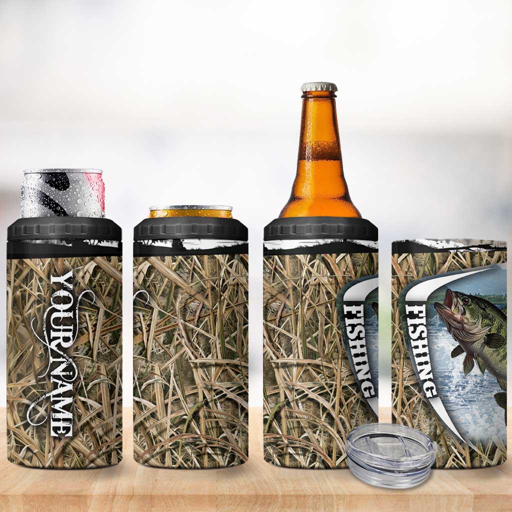 Personalized Largemouth Bass Fishing 4 in 1 Can Cooler Tumbler with Camo Reeds - Outdoor Angler Design - Wonder Print Shop