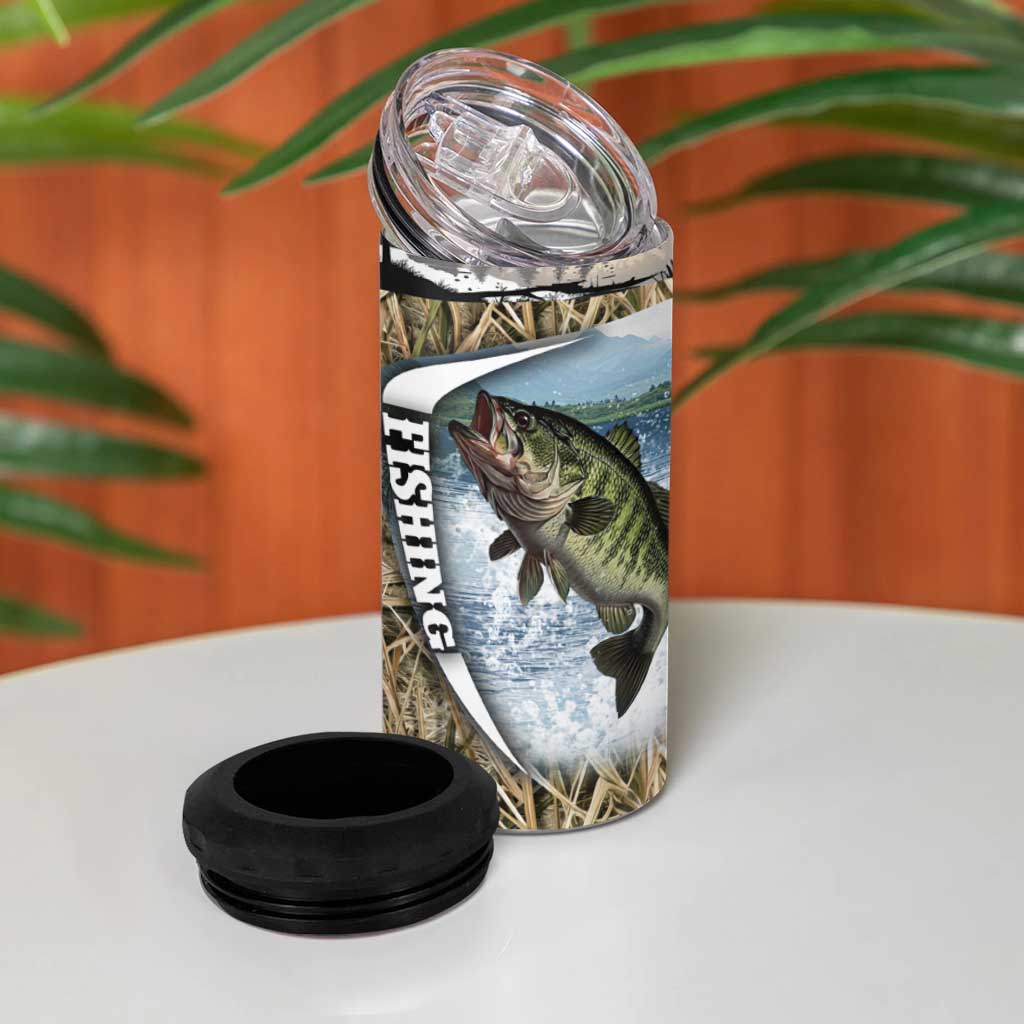 Personalized Largemouth Bass Fishing 4 in 1 Can Cooler Tumbler with Camo Reeds - Outdoor Angler Design - Wonder Print Shop