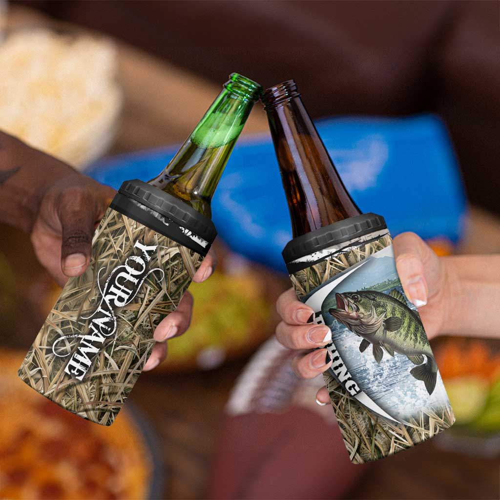 Personalized Largemouth Bass Fishing 4 in 1 Can Cooler Tumbler with Camo Reeds - Outdoor Angler Design - Wonder Print Shop