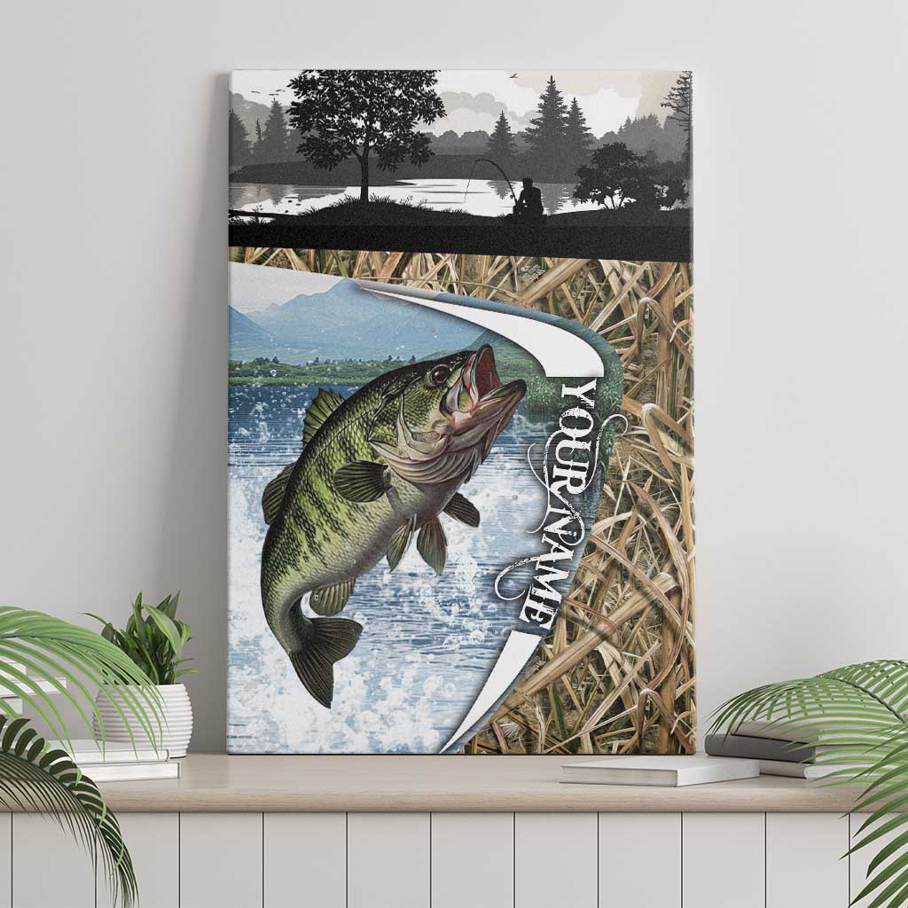 Personalized Largemouth Bass Fishing Canvas Wall Art with Camo Reeds - Outdoor Angler Design - Wonder Print Shop