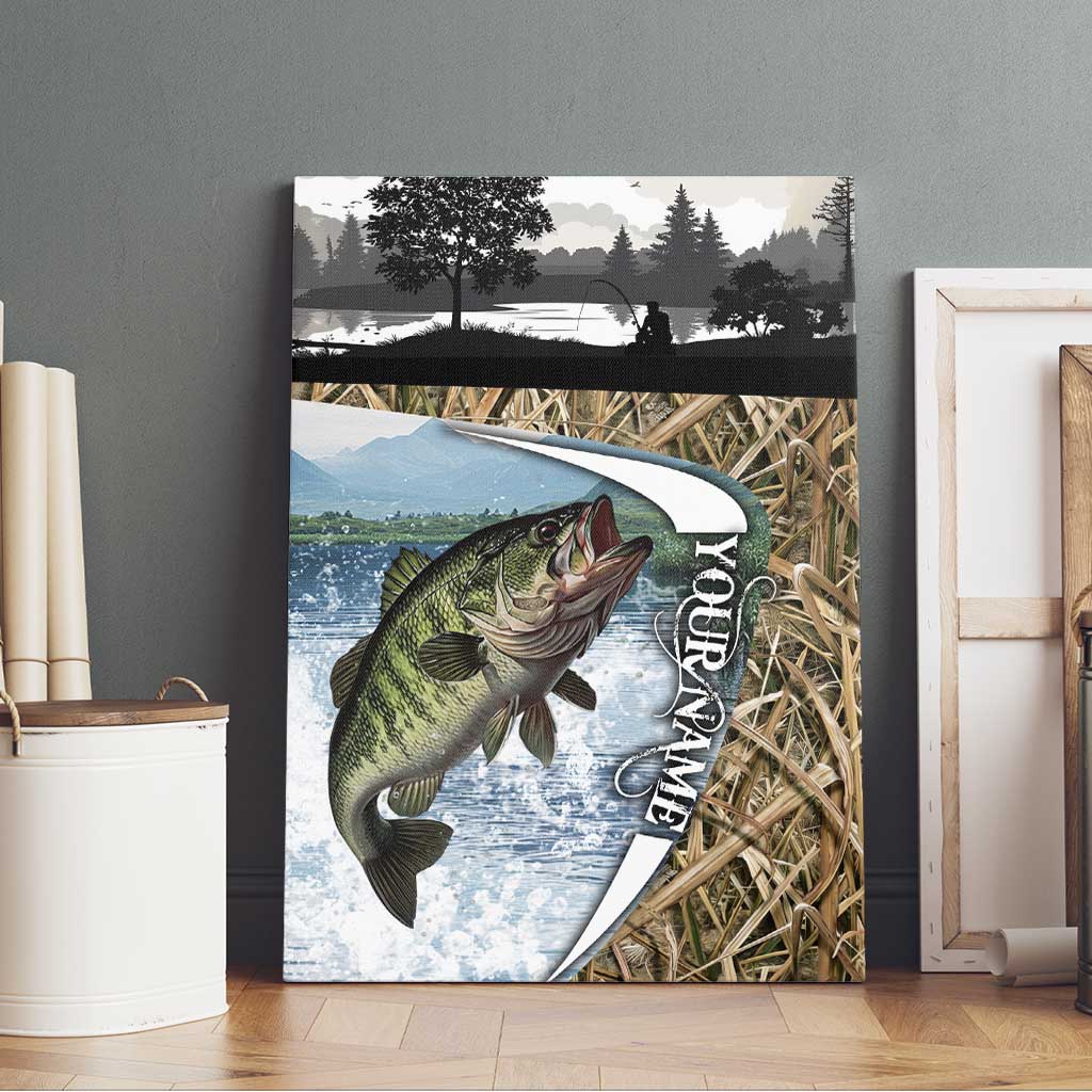 Personalized Largemouth Bass Fishing Canvas Wall Art with Camo Reeds - Outdoor Angler Design - Wonder Print Shop