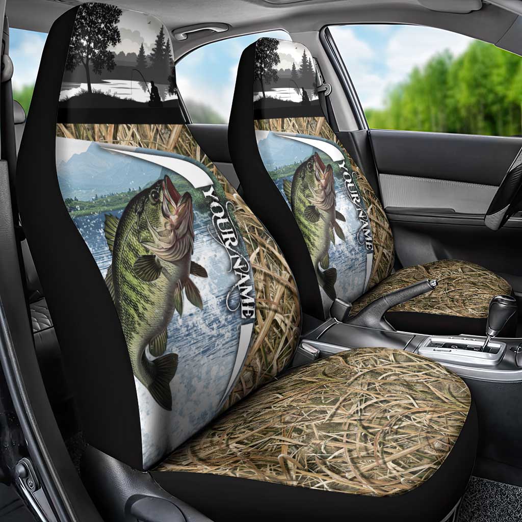 Personalized Largemouth Bass Fishing Car Seat Cover with Camo Reeds - Outdoor Angler Design - Wonder Print Shop