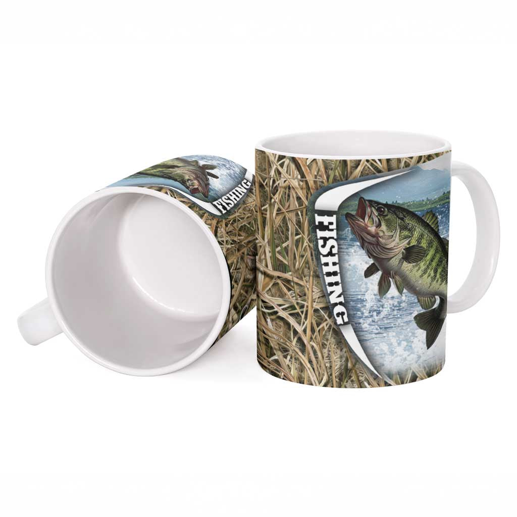 Personalized Largemouth Bass Fishing Ceramic Mug with Camo Reeds - Outdoor Angler Design - Wonder Print Shop