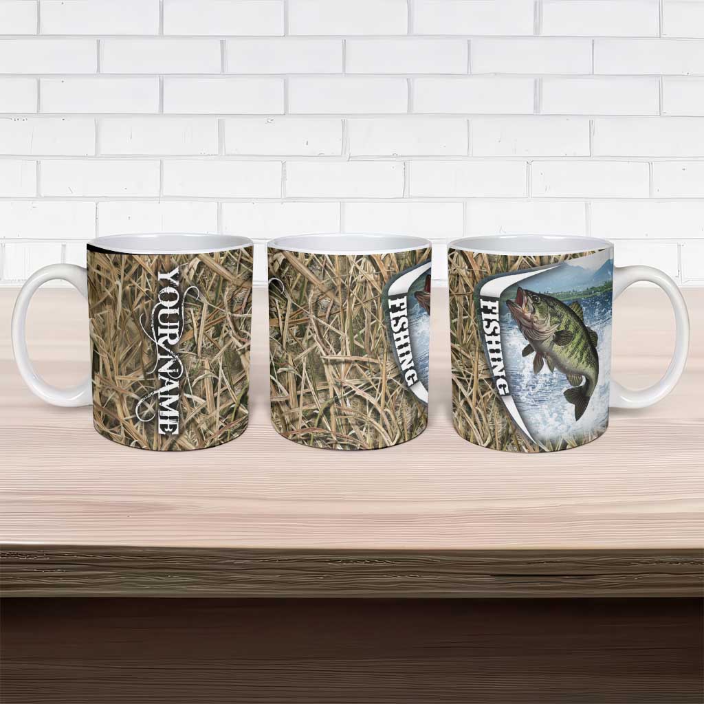 Personalized Largemouth Bass Fishing Ceramic Mug with Camo Reeds - Outdoor Angler Design - Wonder Print Shop