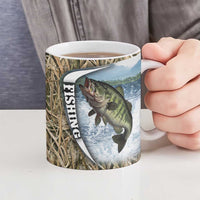 Personalized Largemouth Bass Fishing Ceramic Mug with Camo Reeds - Outdoor Angler Design - Wonder Print Shop