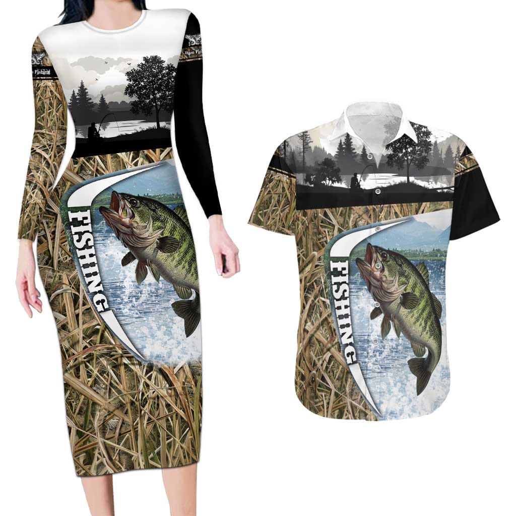 Personalized Largemouth Bass Fishing Couples Matching Long Sleeve Bodycon Dress and Hawaiian Shirt with Camo Reeds - Outdoor Angler Design - Wonder Print Shop