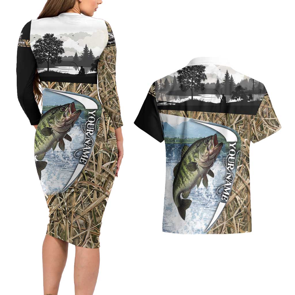 Personalized Largemouth Bass Fishing Couples Matching Long Sleeve Bodycon Dress and Hawaiian Shirt with Camo Reeds - Outdoor Angler Design - Wonder Print Shop