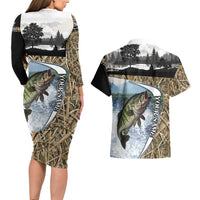 Personalized Largemouth Bass Fishing Couples Matching Long Sleeve Bodycon Dress and Hawaiian Shirt with Camo Reeds - Outdoor Angler Design - Wonder Print Shop
