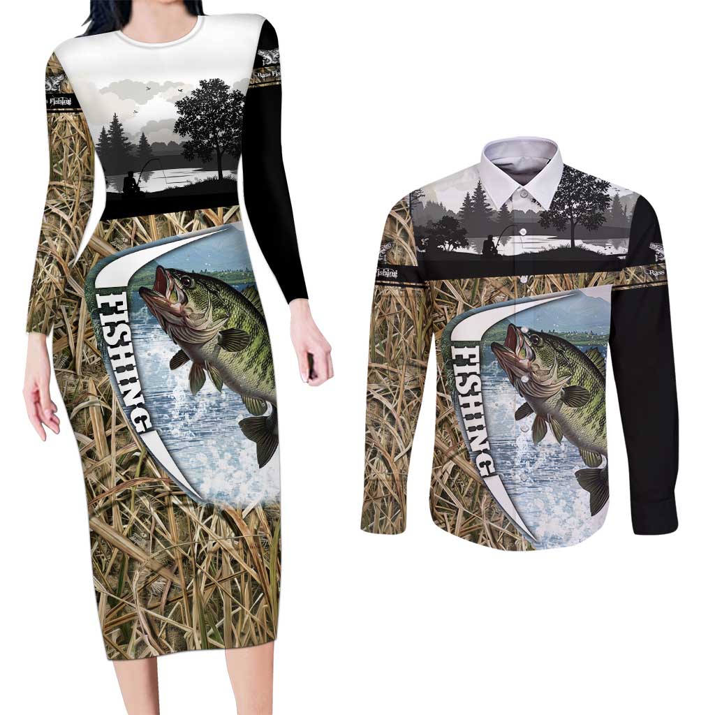 Personalized Largemouth Bass Fishing Couples Matching Long Sleeve Bodycon Dress and Long Sleeve Button Shirt with Camo Reeds - Outdoor Angler Design - Wonder Print Shop