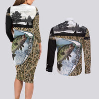 Personalized Largemouth Bass Fishing Couples Matching Long Sleeve Bodycon Dress and Long Sleeve Button Shirt with Camo Reeds - Outdoor Angler Design - Wonder Print Shop