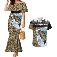 Personalized Largemouth Bass Fishing Couples Matching Mermaid Dress and Hawaiian Shirt with Camo Reeds - Outdoor Angler Design - Wonder Print Shop