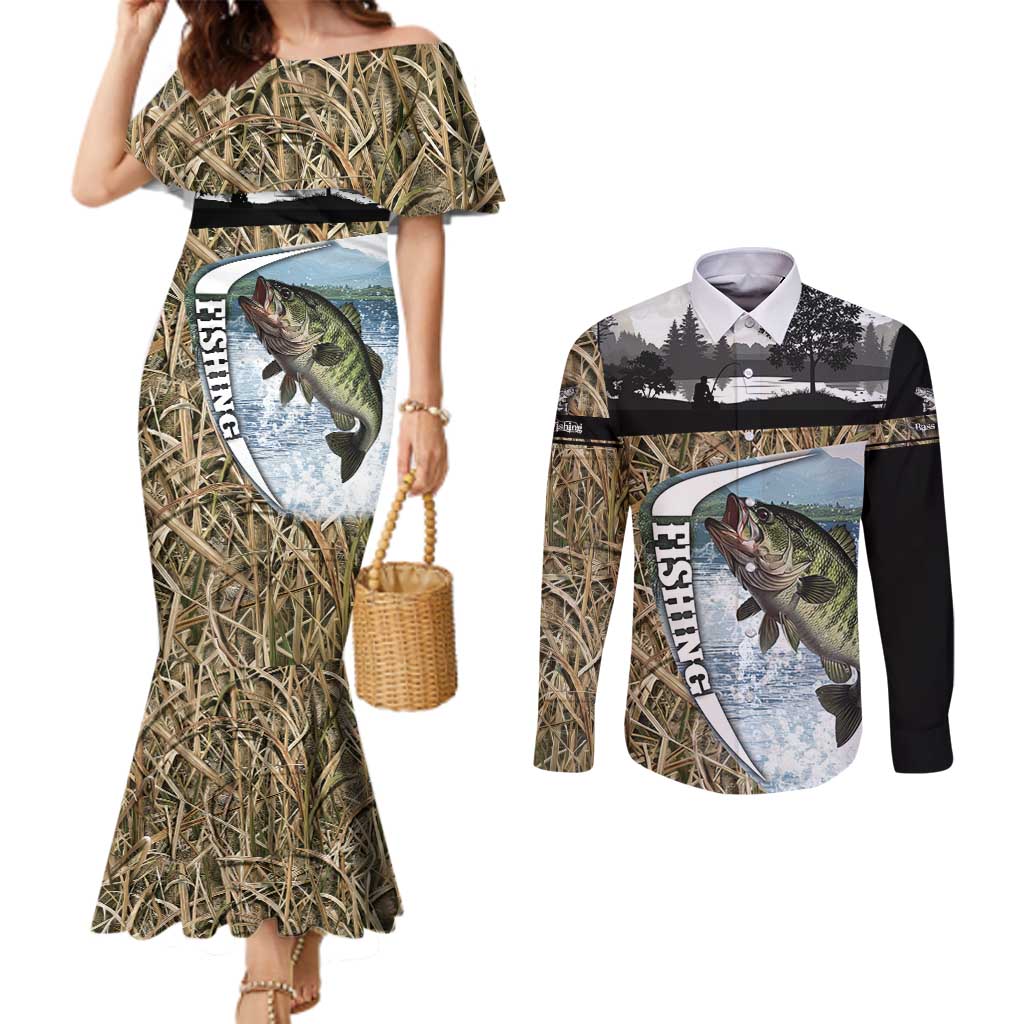 Personalized Largemouth Bass Fishing Couples Matching Mermaid Dress and Long Sleeve Button Shirt with Camo Reeds - Outdoor Angler Design - Wonder Print Shop