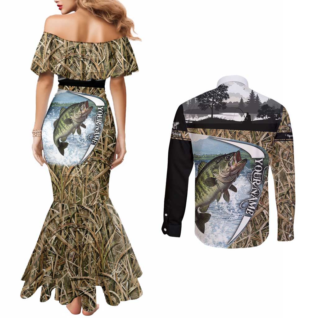 Personalized Largemouth Bass Fishing Couples Matching Mermaid Dress and Long Sleeve Button Shirt with Camo Reeds - Outdoor Angler Design - Wonder Print Shop
