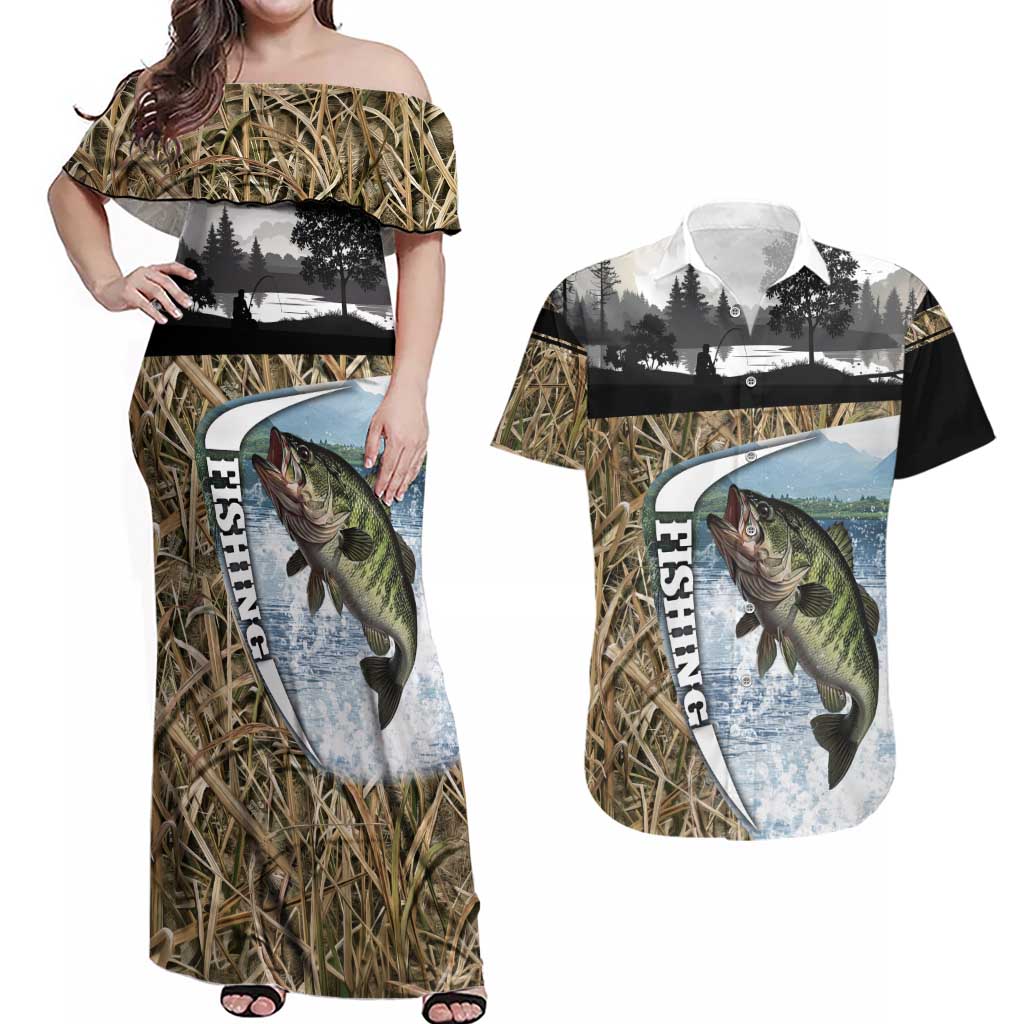 Personalized Largemouth Bass Fishing Couples Matching Off Shoulder Maxi Dress and Hawaiian Shirt with Camo Reeds - Outdoor Angler Design - Wonder Print Shop