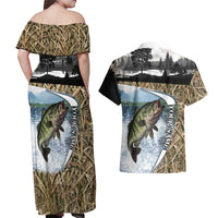 Personalized Largemouth Bass Fishing Couples Matching Off Shoulder Maxi Dress and Hawaiian Shirt with Camo Reeds - Outdoor Angler Design - Wonder Print Shop
