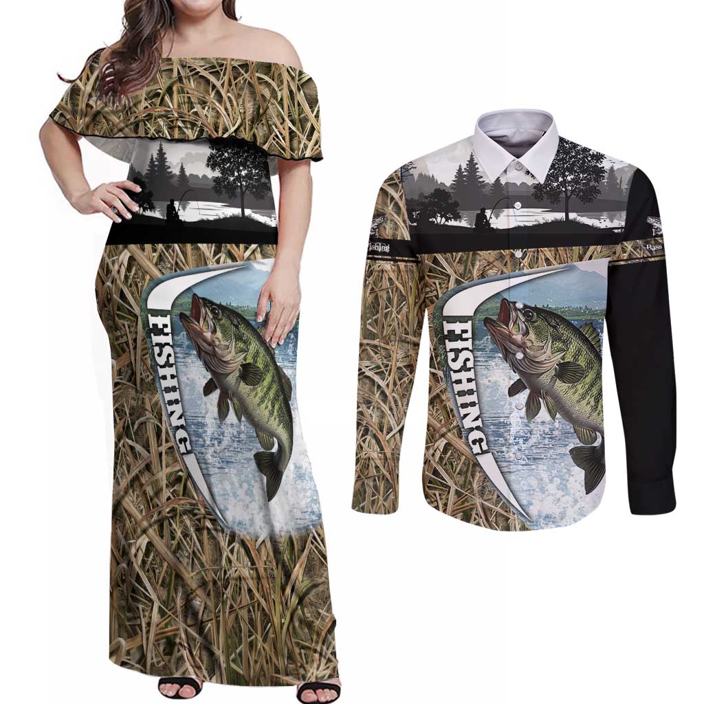 Personalized Largemouth Bass Fishing Couples Matching Off Shoulder Maxi Dress and Long Sleeve Button Shirt with Camo Reeds - Outdoor Angler Design - Wonder Print Shop