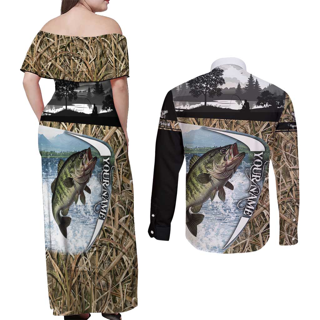 Personalized Largemouth Bass Fishing Couples Matching Off Shoulder Maxi Dress and Long Sleeve Button Shirt with Camo Reeds - Outdoor Angler Design - Wonder Print Shop