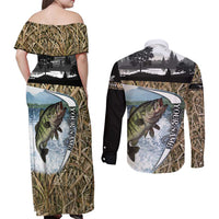 Personalized Largemouth Bass Fishing Couples Matching Off Shoulder Maxi Dress and Long Sleeve Button Shirt with Camo Reeds - Outdoor Angler Design - Wonder Print Shop