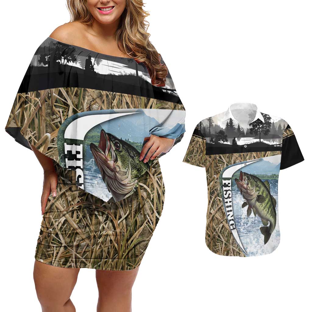 Personalized Largemouth Bass Fishing Couples Matching Off Shoulder Short Dress and Hawaiian Shirt with Camo Reeds - Outdoor Angler Design - Wonder Print Shop