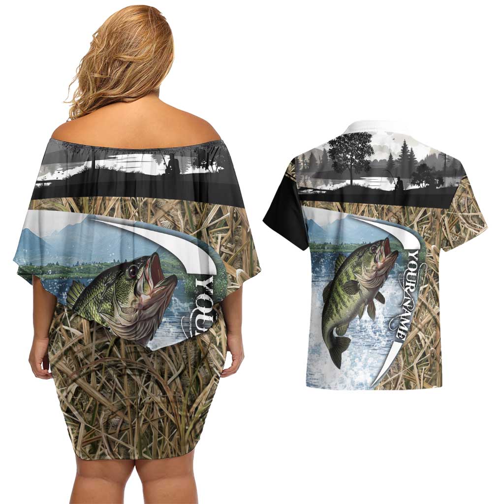 Personalized Largemouth Bass Fishing Couples Matching Off Shoulder Short Dress and Hawaiian Shirt with Camo Reeds - Outdoor Angler Design - Wonder Print Shop