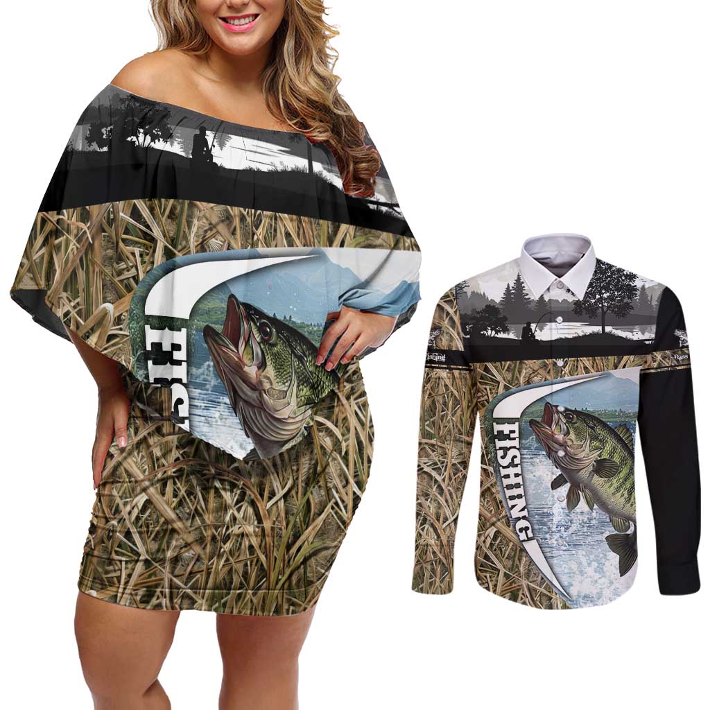 Personalized Largemouth Bass Fishing Couples Matching Off Shoulder Short Dress and Long Sleeve Button Shirt with Camo Reeds - Outdoor Angler Design - Wonder Print Shop