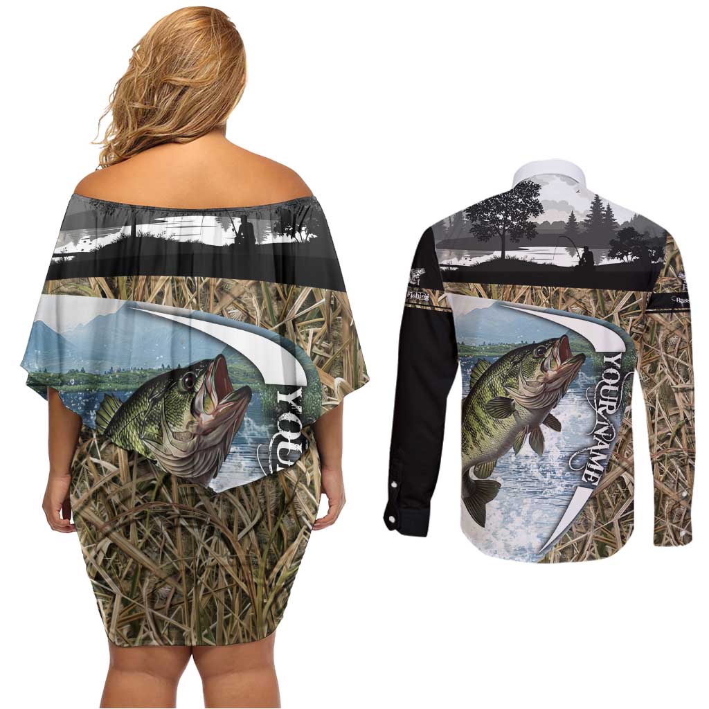 Personalized Largemouth Bass Fishing Couples Matching Off Shoulder Short Dress and Long Sleeve Button Shirt with Camo Reeds - Outdoor Angler Design - Wonder Print Shop