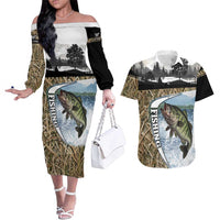 Personalized Largemouth Bass Fishing Couples Matching Off The Shoulder Long Sleeve Dress and Hawaiian Shirt with Camo Reeds - Outdoor Angler Design - Wonder Print Shop