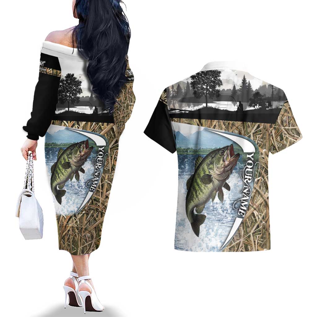 Personalized Largemouth Bass Fishing Couples Matching Off The Shoulder Long Sleeve Dress and Hawaiian Shirt with Camo Reeds - Outdoor Angler Design - Wonder Print Shop