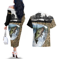 Personalized Largemouth Bass Fishing Couples Matching Off The Shoulder Long Sleeve Dress and Hawaiian Shirt with Camo Reeds - Outdoor Angler Design - Wonder Print Shop