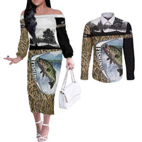 Personalized Largemouth Bass Fishing Couples Matching Off The Shoulder Long Sleeve Dress and Long Sleeve Button Shirt with Camo Reeds - Outdoor Angler Design - Wonder Print Shop