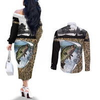 Personalized Largemouth Bass Fishing Couples Matching Off The Shoulder Long Sleeve Dress and Long Sleeve Button Shirt with Camo Reeds - Outdoor Angler Design - Wonder Print Shop