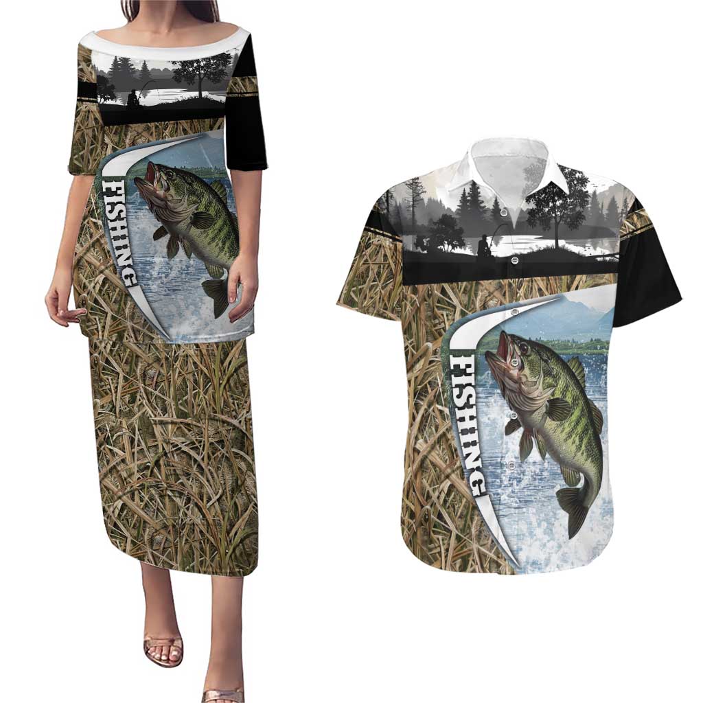 Personalized Largemouth Bass Fishing Couples Matching Puletasi and Hawaiian Shirt with Camo Reeds - Outdoor Angler Design - Wonder Print Shop