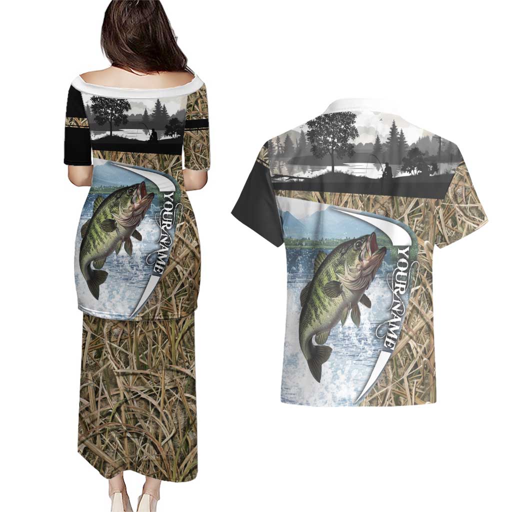 Personalized Largemouth Bass Fishing Couples Matching Puletasi and Hawaiian Shirt with Camo Reeds - Outdoor Angler Design - Wonder Print Shop