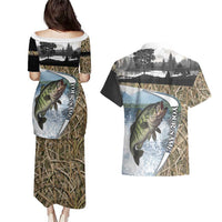 Personalized Largemouth Bass Fishing Couples Matching Puletasi and Hawaiian Shirt with Camo Reeds - Outdoor Angler Design - Wonder Print Shop