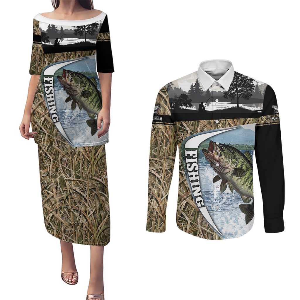Personalized Largemouth Bass Fishing Couples Matching Puletasi and Long Sleeve Button Shirt with Camo Reeds - Outdoor Angler Design - Wonder Print Shop