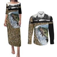 Personalized Largemouth Bass Fishing Couples Matching Puletasi and Long Sleeve Button Shirt with Camo Reeds - Outdoor Angler Design - Wonder Print Shop
