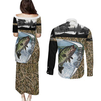 Personalized Largemouth Bass Fishing Couples Matching Puletasi and Long Sleeve Button Shirt with Camo Reeds - Outdoor Angler Design - Wonder Print Shop