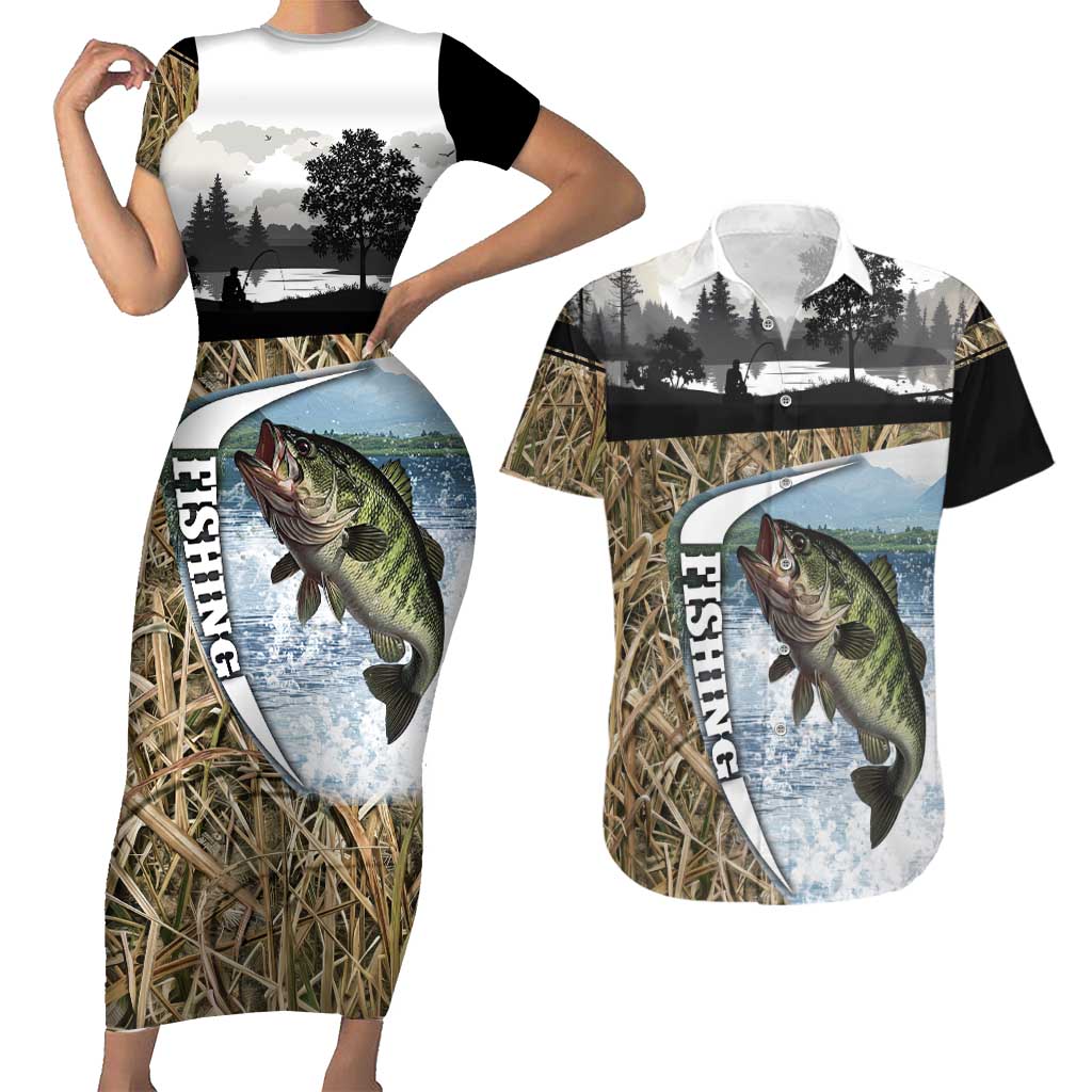 Personalized Largemouth Bass Fishing Couples Matching Short Sleeve Bodycon Dress and Hawaiian Shirt with Camo Reeds - Outdoor Angler Design - Wonder Print Shop