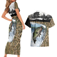 Personalized Largemouth Bass Fishing Couples Matching Short Sleeve Bodycon Dress and Hawaiian Shirt with Camo Reeds - Outdoor Angler Design - Wonder Print Shop