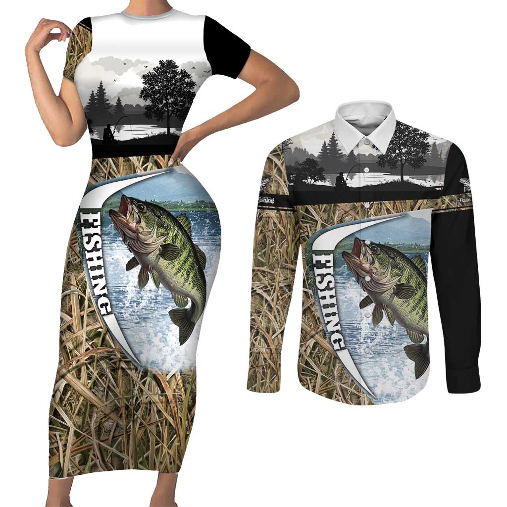 Personalized Largemouth Bass Fishing Couples Matching Short Sleeve Bodycon Dress and Long Sleeve Button Shirt with Camo Reeds - Outdoor Angler Design - Wonder Print Shop