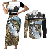 Personalized Largemouth Bass Fishing Couples Matching Short Sleeve Bodycon Dress and Long Sleeve Button Shirt with Camo Reeds - Outdoor Angler Design - Wonder Print Shop
