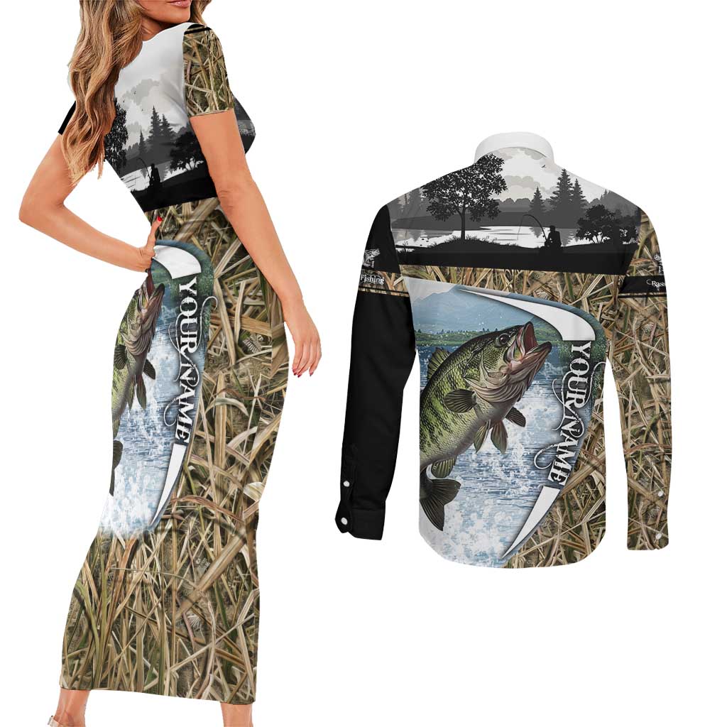 Personalized Largemouth Bass Fishing Couples Matching Short Sleeve Bodycon Dress and Long Sleeve Button Shirt with Camo Reeds - Outdoor Angler Design - Wonder Print Shop