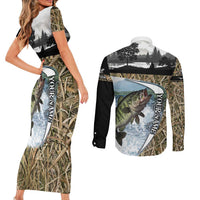 Personalized Largemouth Bass Fishing Couples Matching Short Sleeve Bodycon Dress and Long Sleeve Button Shirt with Camo Reeds - Outdoor Angler Design - Wonder Print Shop