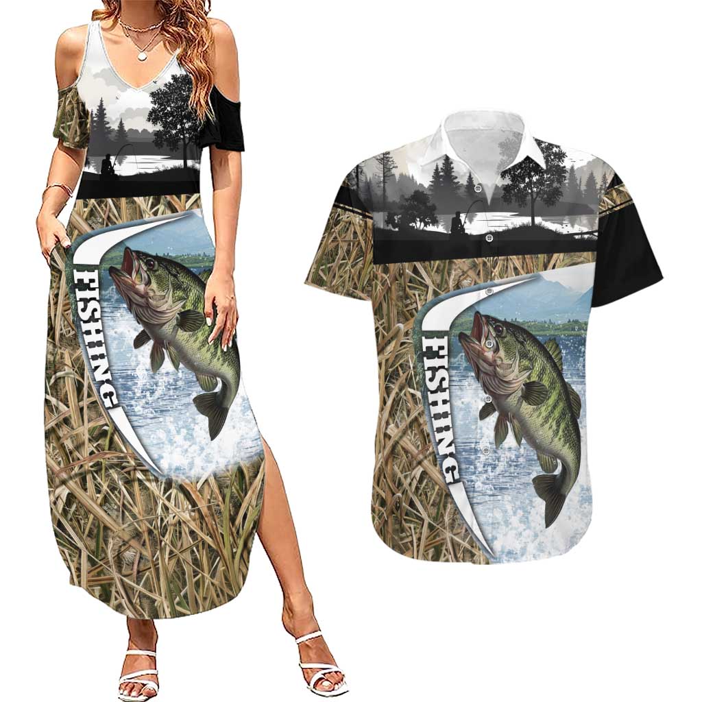 Personalized Largemouth Bass Fishing Couples Matching Summer Maxi Dress and Hawaiian Shirt with Camo Reeds - Outdoor Angler Design - Wonder Print Shop