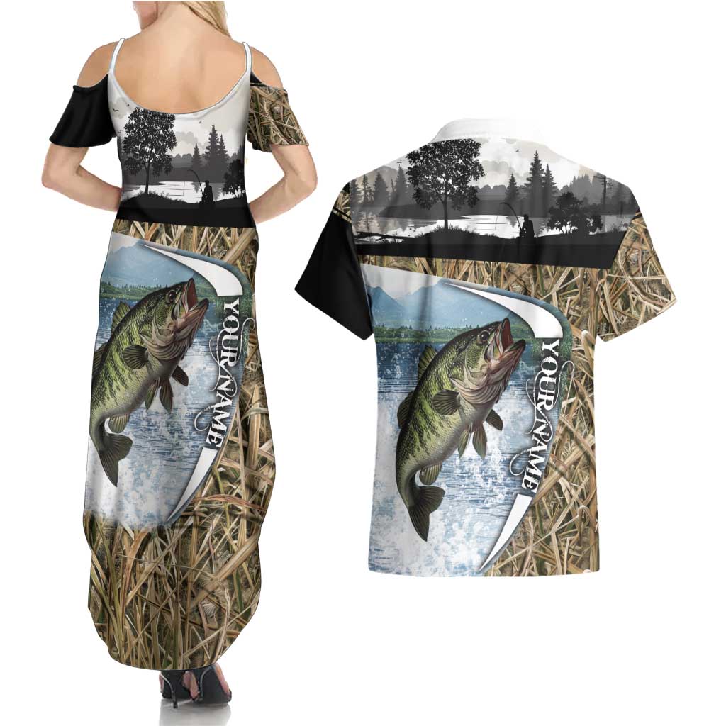 Personalized Largemouth Bass Fishing Couples Matching Summer Maxi Dress and Hawaiian Shirt with Camo Reeds - Outdoor Angler Design - Wonder Print Shop