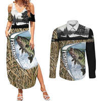 Personalized Largemouth Bass Fishing Couples Matching Summer Maxi Dress and Long Sleeve Button Shirt with Camo Reeds - Outdoor Angler Design - Wonder Print Shop