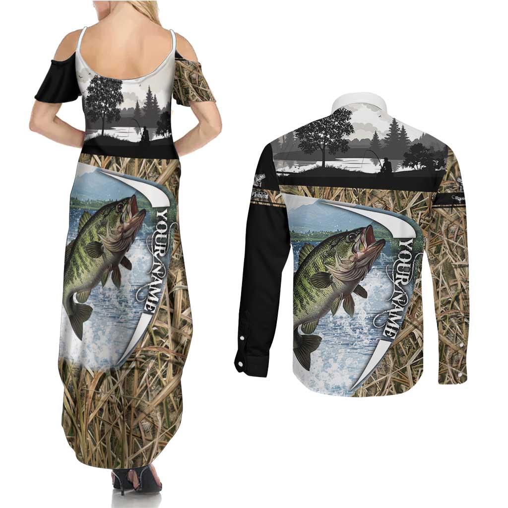 Personalized Largemouth Bass Fishing Couples Matching Summer Maxi Dress and Long Sleeve Button Shirt with Camo Reeds - Outdoor Angler Design - Wonder Print Shop